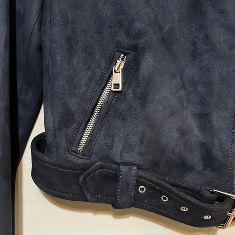 Banana Republic‎ | Navy blue vegan suede moto biker jacket Women’s S petite PS - Picture 3 of 10